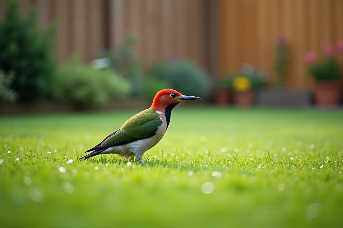 Pic vert cherchant des fourmis dans une pelouse de jardin suburban humide de rosée, profil latéral révélant sa tête rouge et son long bec pointu