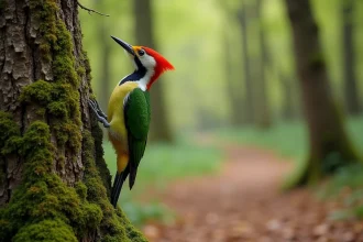 Pic vert accroché à un tronc de chêne recouvert de mousse dans une forêt tempérée européenne, montrant son plumage vert vif et sa calotte rouge distinctive