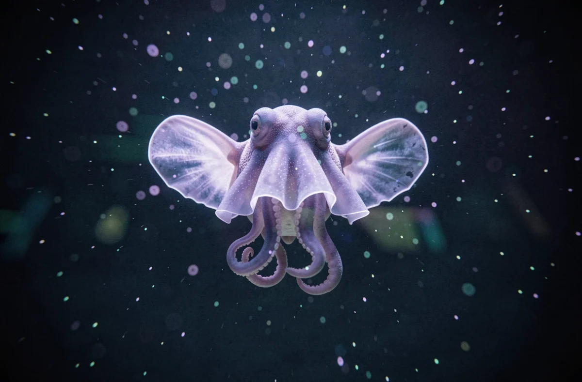 Pieuvre Dumbo translucide aux nageoires en forme d'oreilles flottant dans un aquarium d'eau profonde aux reflets bleutés