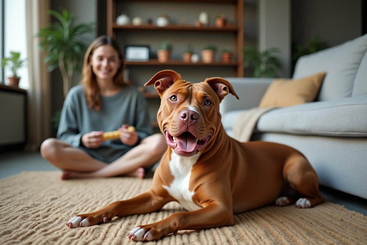 Pitbull au repos dans un appartement moderne aux côtés de sa propriétaire, illustrant la cohabitation sereine et la gestion du chien au quotidien