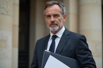 Politicien tenant un document de loi devant l'Assemblée Nationale à Paris