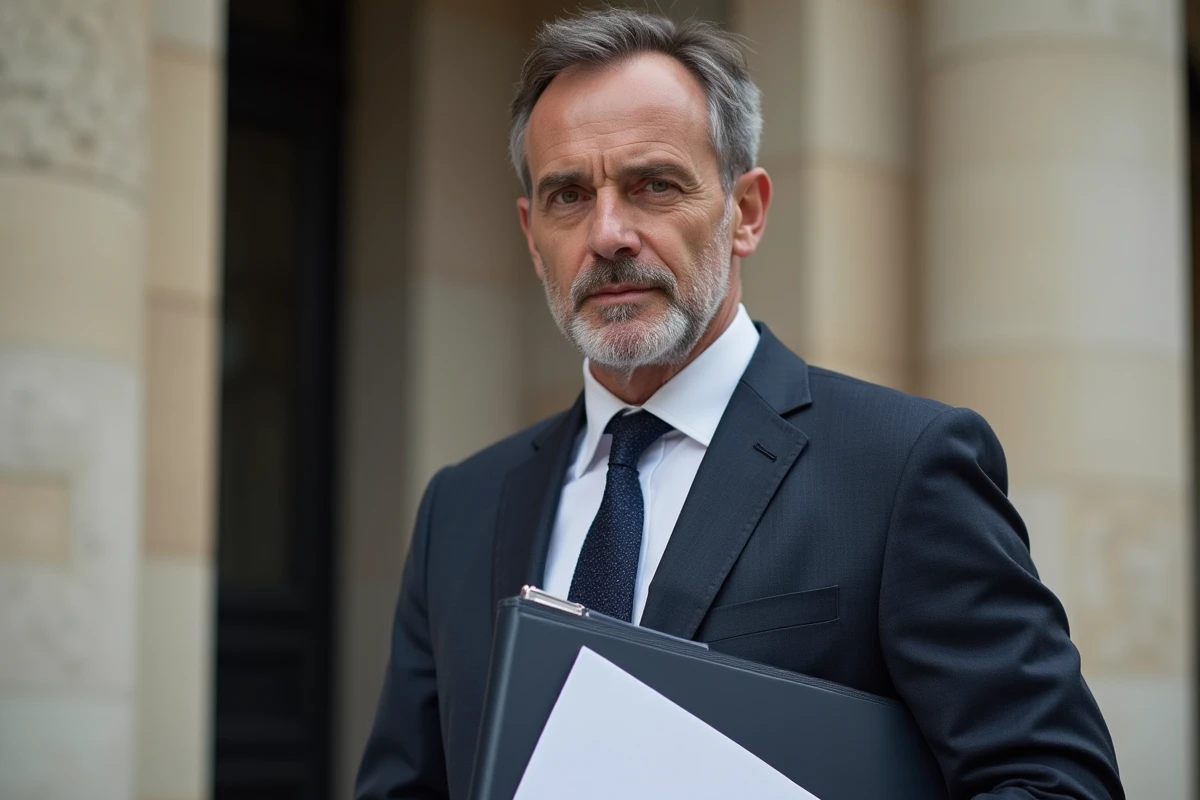 Politicien tenant un document de loi devant l'Assemblée Nationale à Paris