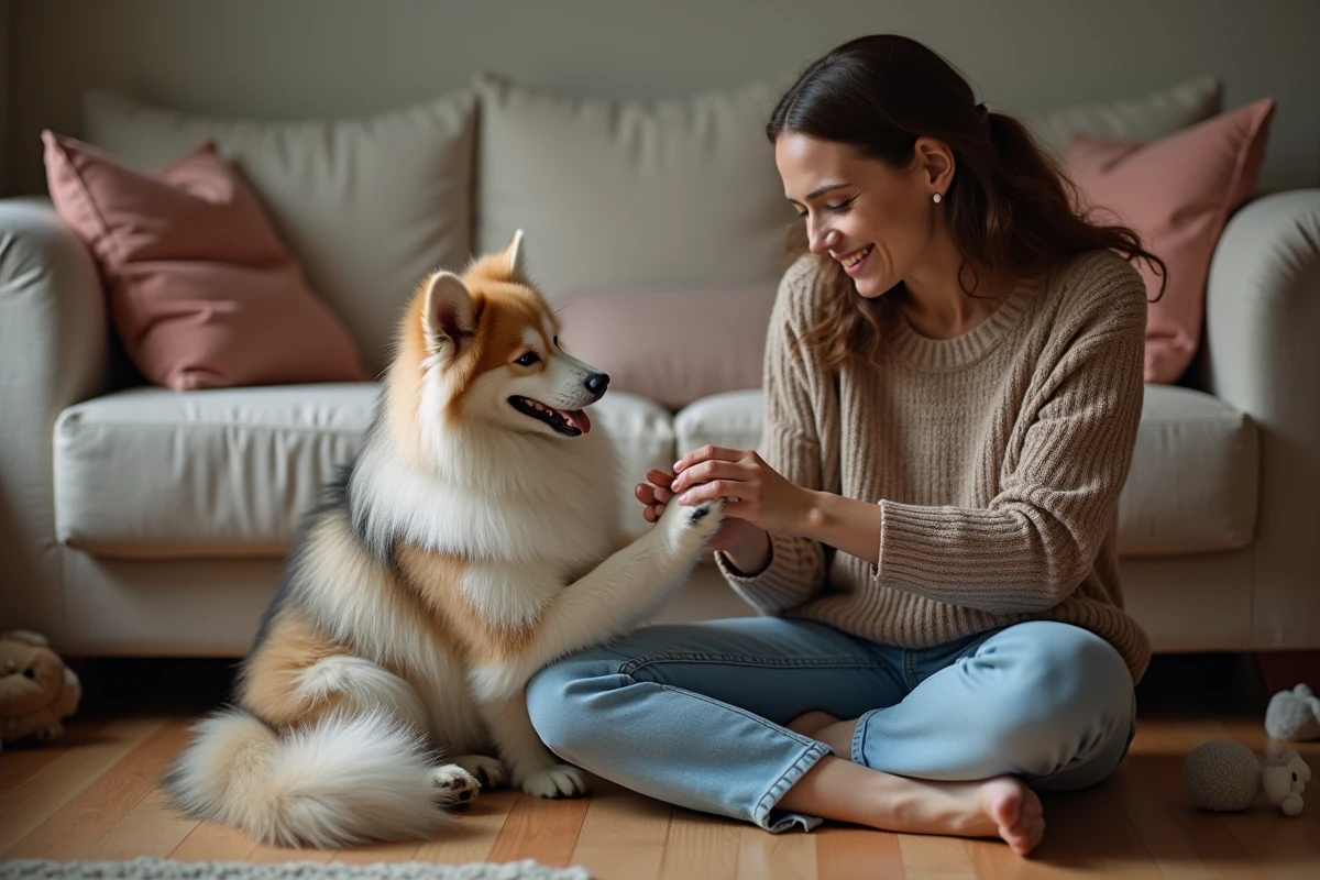 Pomsky adulte avec une femme dans un salon chaleureux
