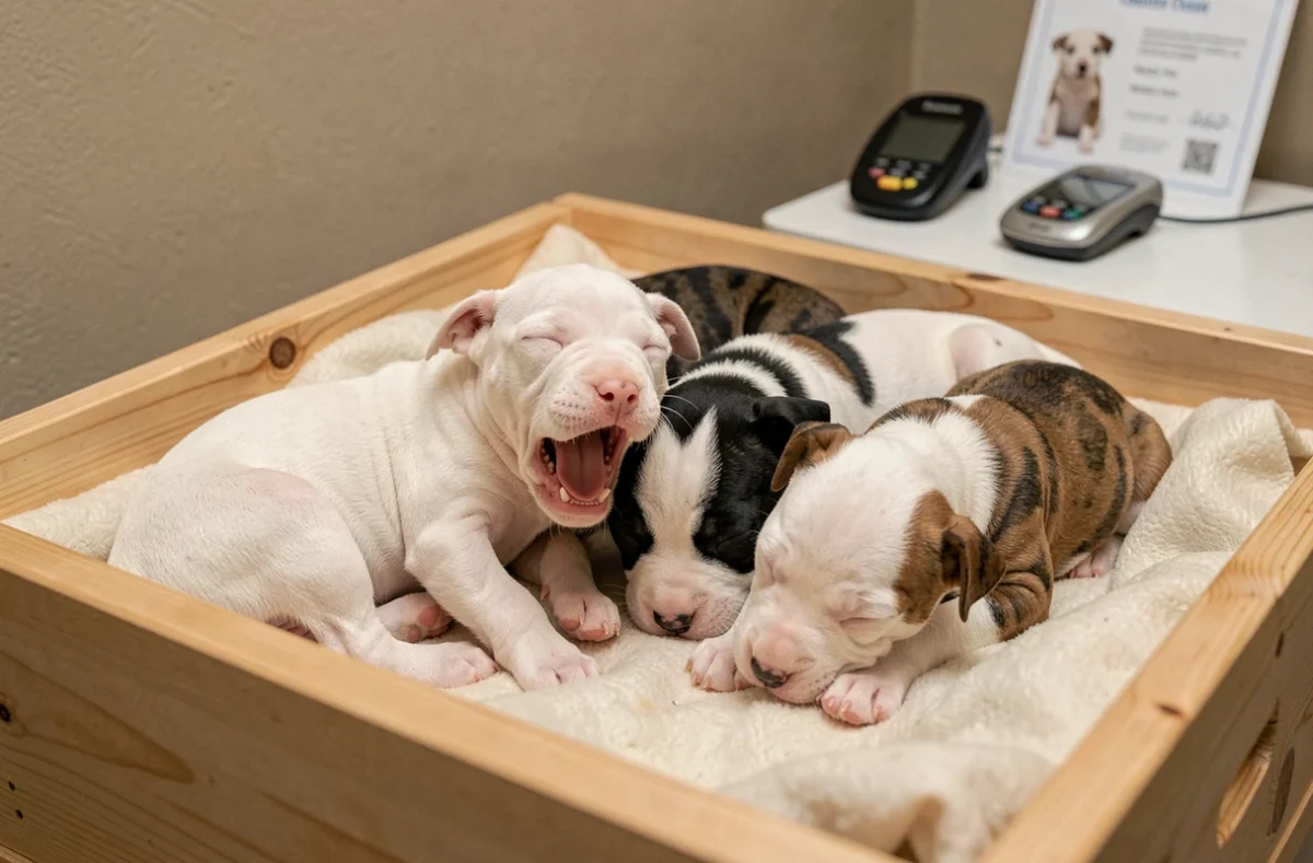 Portée de chiots bull terrier dans une boîte de mise bas, environnement d'élevage professionnel avec documents LOF visibles en arrière-plan