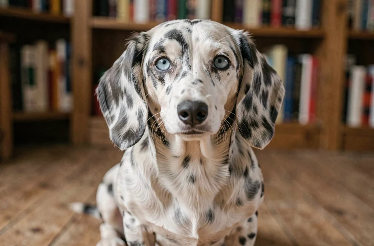 Portrait en gros plan d'un teckel double merle aux yeux bleus clairs, illustrant les caractéristiques génétiques visibles de la robe arlequin