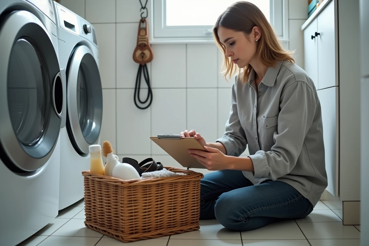 Femme préparant une liste de fournitures pour l'arrivée d'un chiot Terre Neuve avec collier laisse et brosse dans un panier