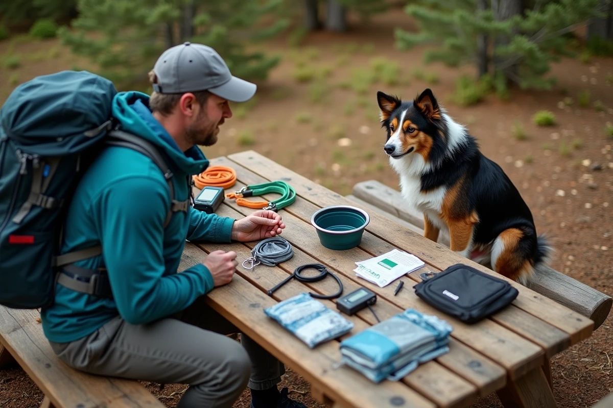 Randonneur préparant le matériel nécessaire pour partir en randonnée avec son chien border collie