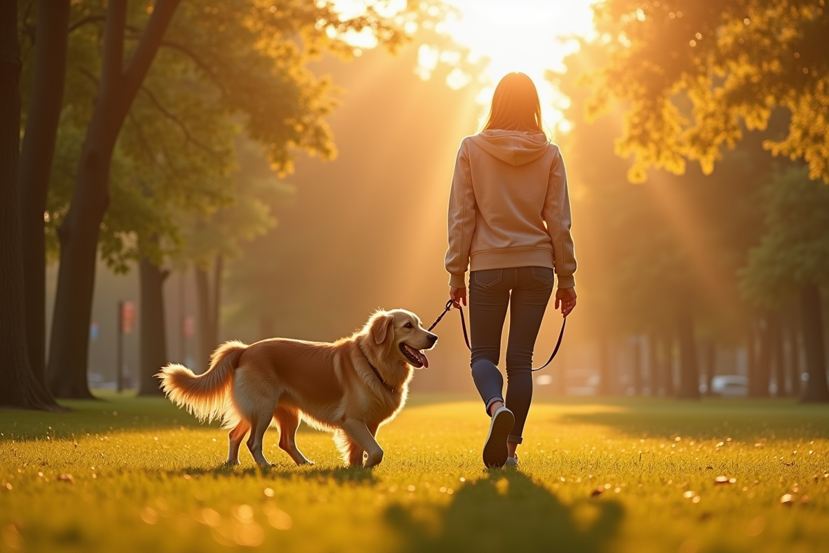 Jeune femme marchant avec son chien dans un parc au matin
