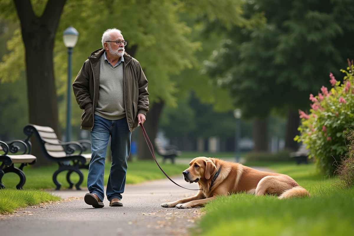 Homme senior marchant avec son chien fatigué dans un parc urbain
