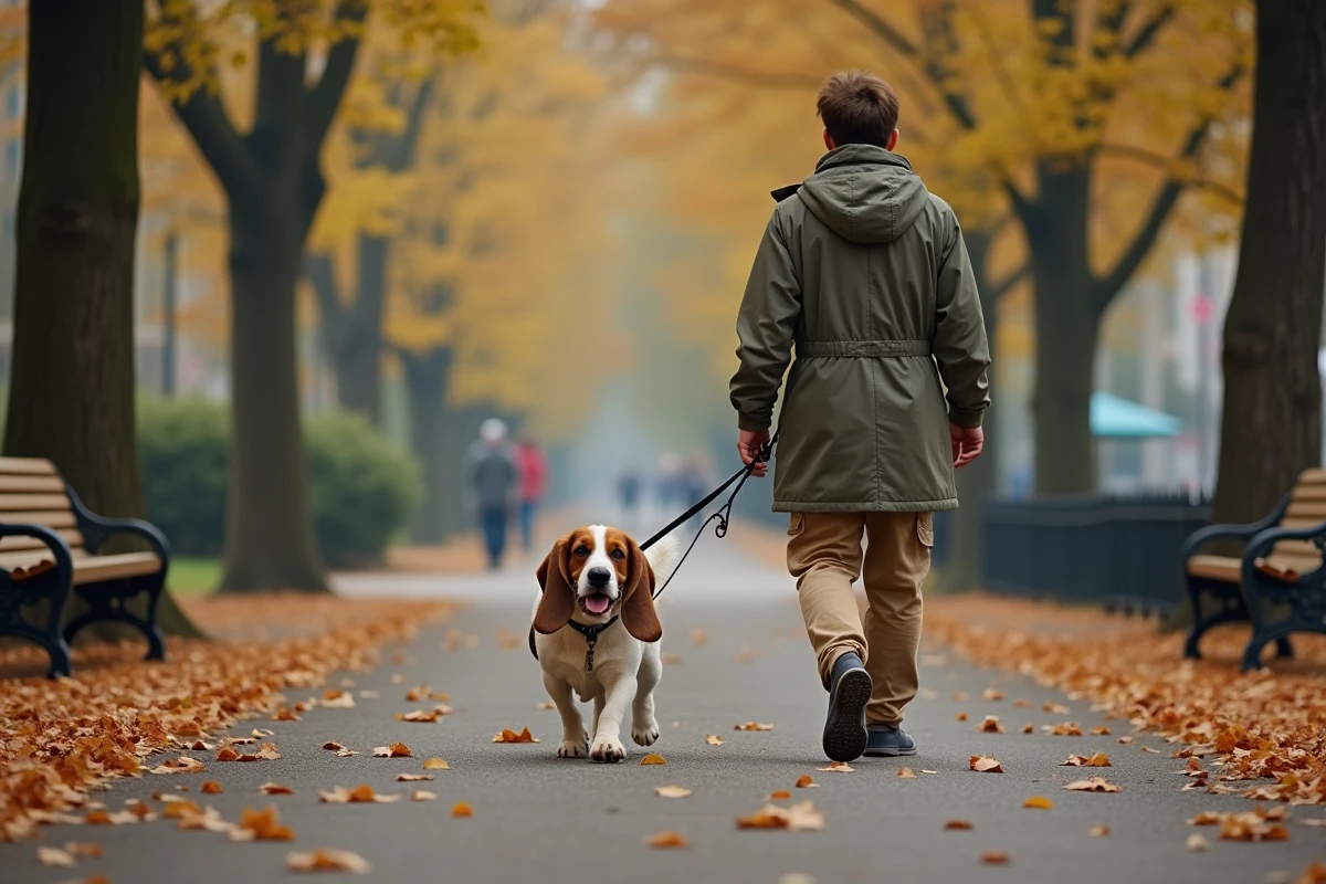 Jeune homme marche avec chien Basset Griffon Vendéen dans le parc