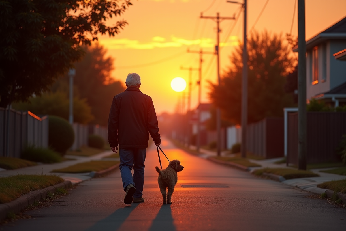 Homme âgé se promenant avec son chien au crépuscule