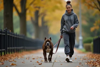 Femme promenant un American Staffordshire Terrier musclé en laisse dans un parc urbain en automne, démontrant une marche calme et maîtrisée