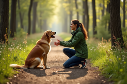 Femme avec chien dans la forêt au printemps