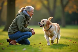 Femme dans un parc avec son chien golden retriever