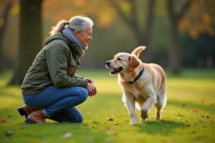 Femme dans un parc avec son chien golden retriever