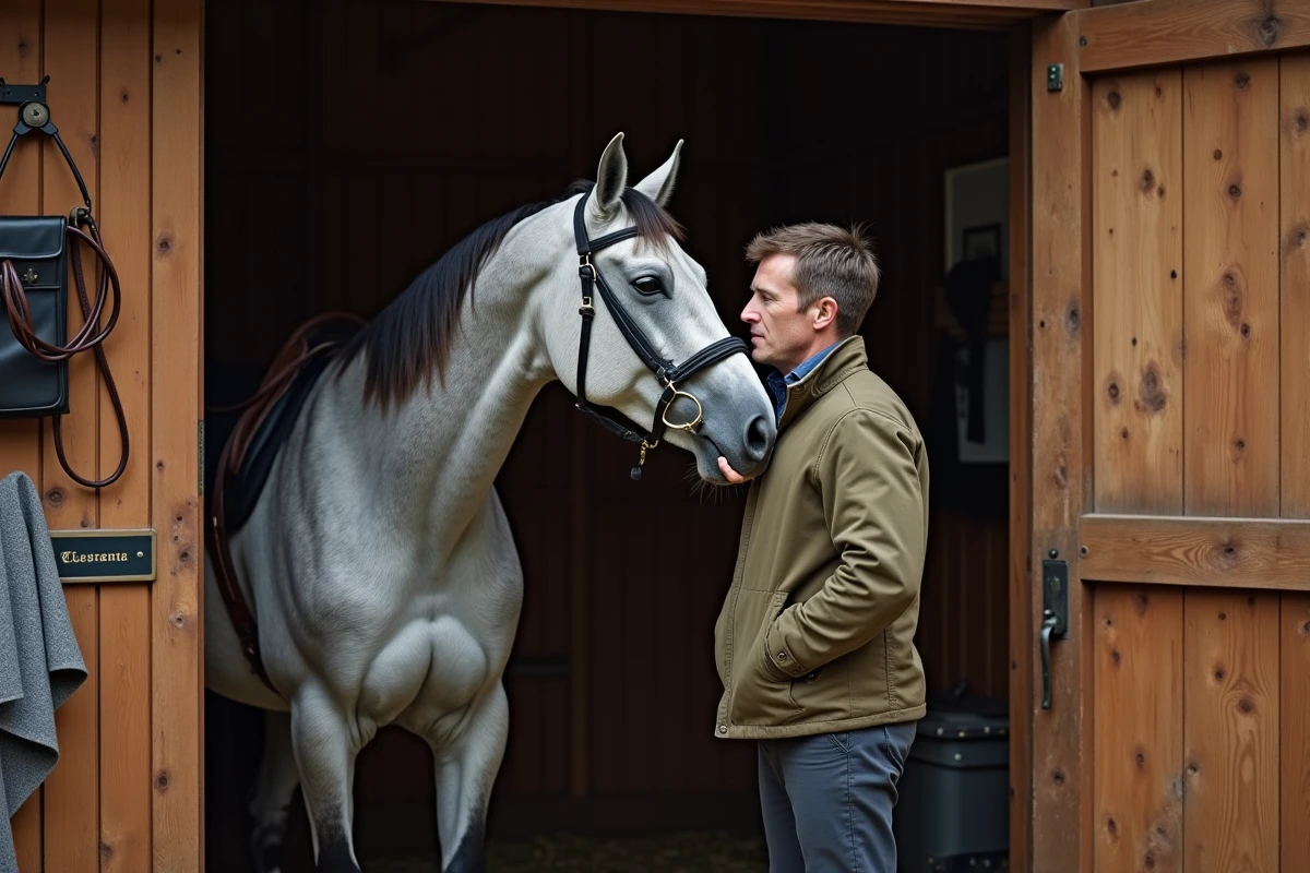Propriétaire de cheval partageant un moment complice avec son cheval gris dans son box personnel, illustrant le lien privilégié entre un propriétaire et son propre cheval