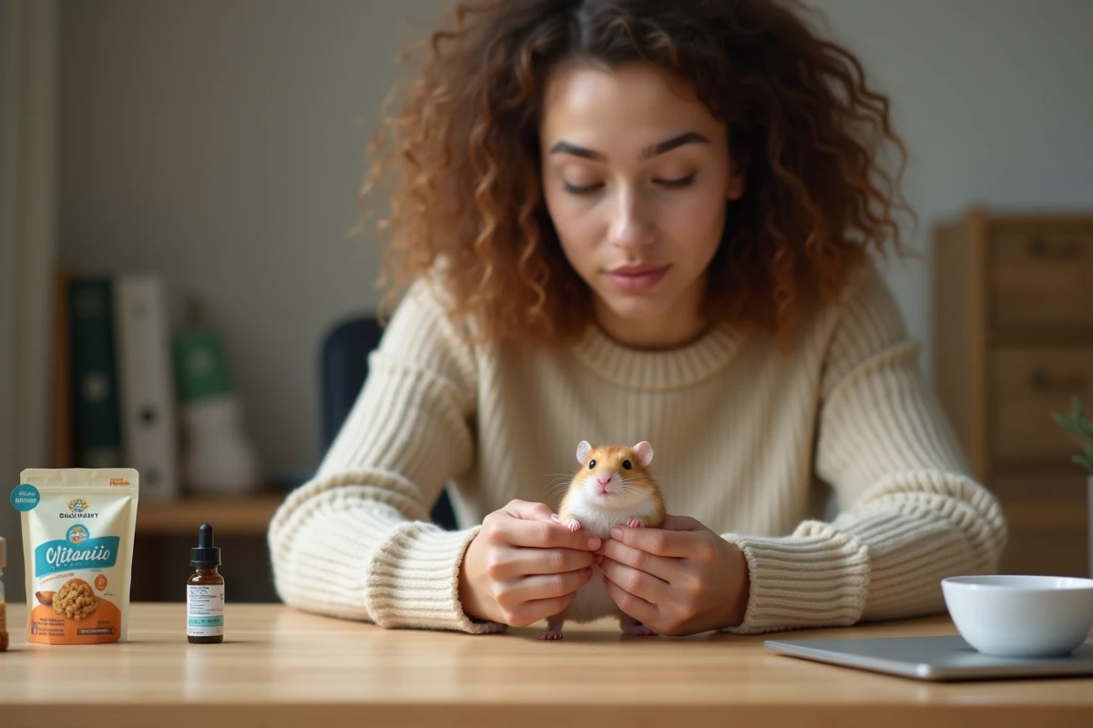 Femme tenant un hamster russe dans ses mains avec des produits de soin visibles sur le bureau