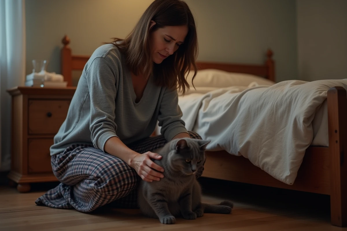 Femme en pyjama agenouill&eacute;e pr&egrave;s de son chat gris la nuit dans une chambre, expression inqui&egrave;te, animal en posture vo&ucirc;t&eacute;e