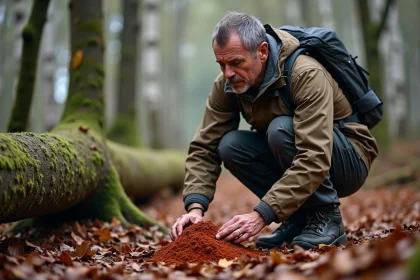 Homme randonneur examinant une mousse rouge en forêt humide