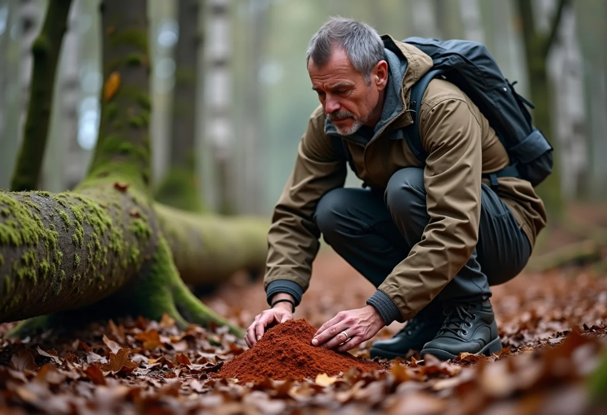 Homme randonneur examinant une mousse rouge en forêt humide