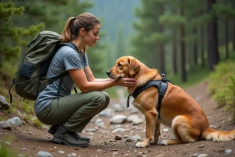 Randonneuse avec son golden retriever équipé d'un harnais sur un sentier de montagne forestier