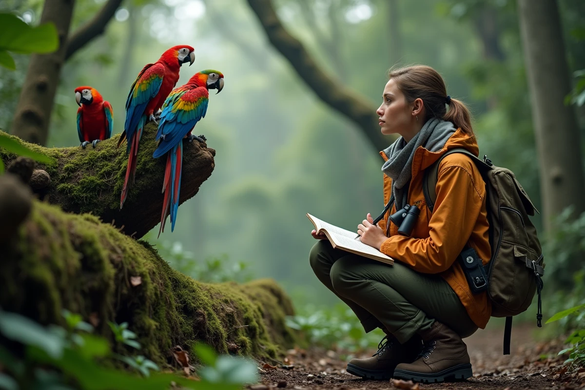 Jeune chercheuse observant des aras dans la for&ecirc;t tropicale