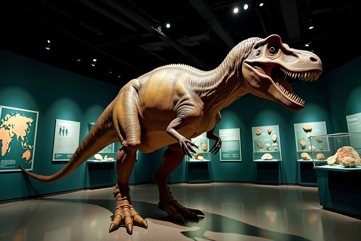 Reconstitution réaliste d'un grand dinosaure carnivore en exposition muséale avec panneaux pédagogiques du Crétacé