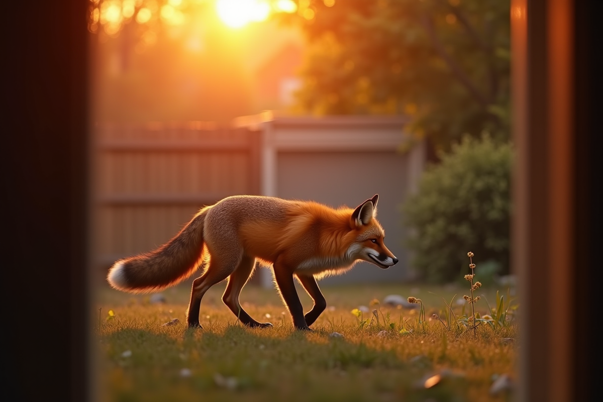 Renard dans le jardin au lever du soleil vu par la fenêtre
