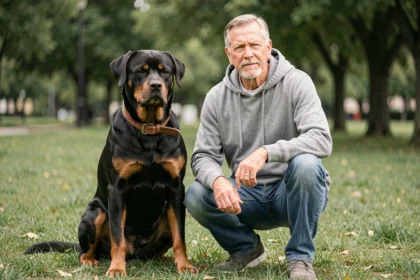 Rottweiler adulte en laisse assis calmement aux côtés de son maître dans un parc public