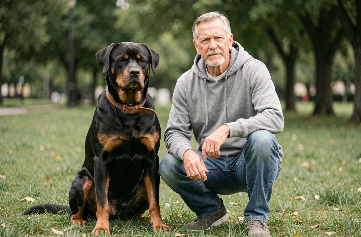 Rottweiler adulte en laisse assis calmement aux côtés de son maître dans un parc public