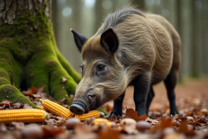 Sanglier sauvage cherchant des glands en forêt automnale
