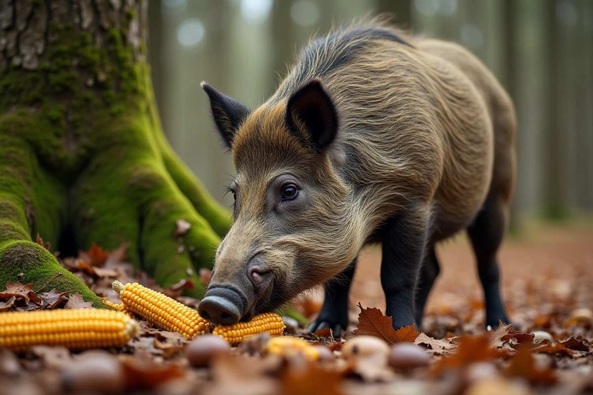 Sanglier sauvage cherchant des glands en forêt automnale