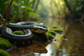 Anaconda enroulée sur la rive de l'Amazonie en après-midi