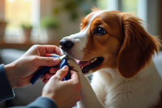 Personne tenant doucement la patte d'un chien en coupant ses ongles