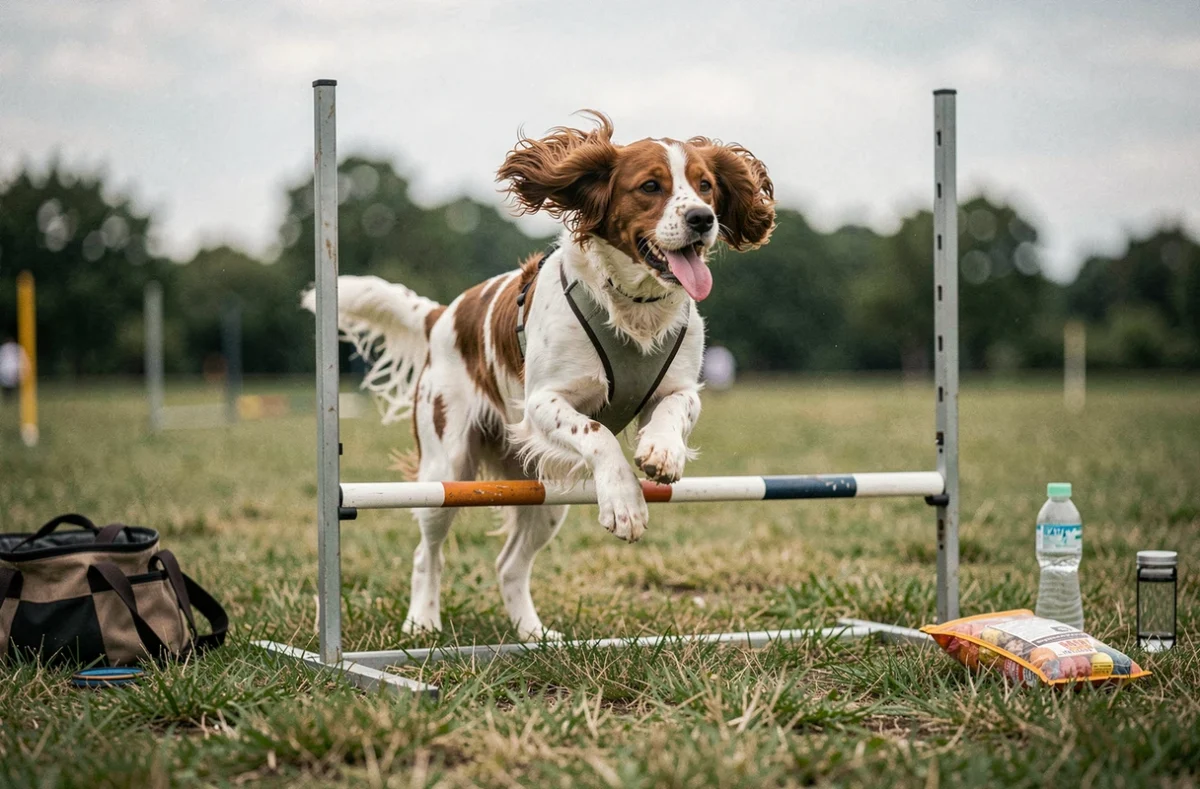 Springer anglais en pleine session d'agilité en extérieur, illustrant les activités sportives quotidiennes et les coûts associés à un chien de sport