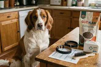 Springer anglais assis près d'objets du quotidien liés à l'entretien d'un chien sportif, incluant croquettes, facture vétérinaire et brosse de toilettage