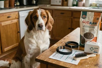 Springer anglais assis près d'objets du quotidien liés à l'entretien d'un chien sportif, incluant croquettes, facture vétérinaire et brosse de toilettage