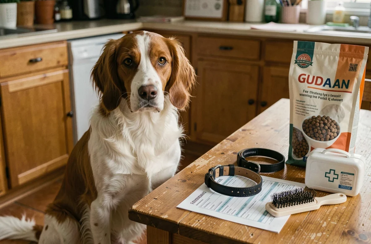 Springer anglais assis près d'objets du quotidien liés à l'entretien d'un chien sportif, incluant croquettes, facture vétérinaire et brosse de toilettage