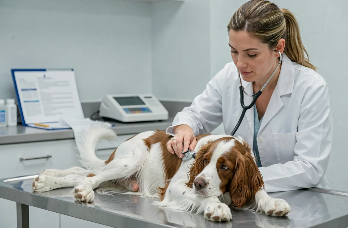 Vétérinaire effectuant un bilan de santé de routine sur un Springer anglais en clinique, représentant les dépenses vétérinaires annuelles d'un chien sportif