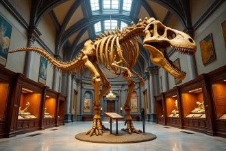 Squelette de dinosaure carnivore exposé dans un musée d'histoire naturelle avec architecture voûtée et plaques informatives