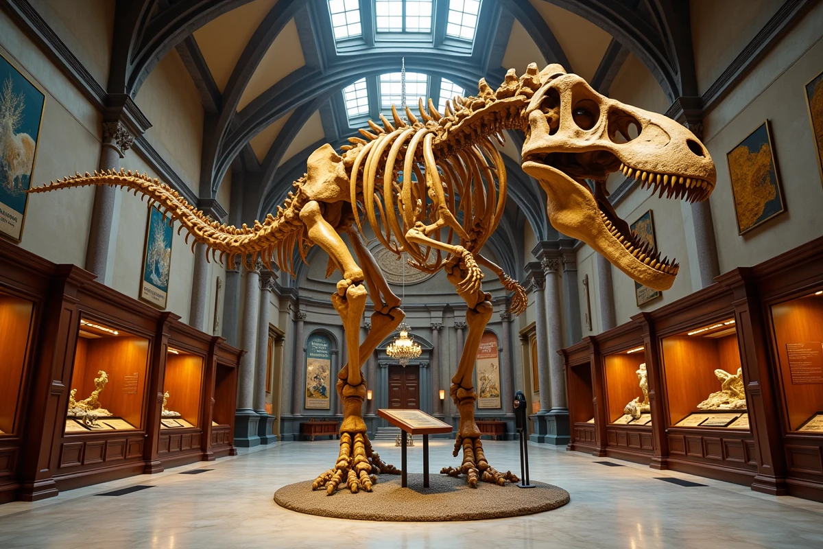 Squelette de dinosaure carnivore exposé dans un musée d'histoire naturelle avec architecture voûtée et plaques informatives
