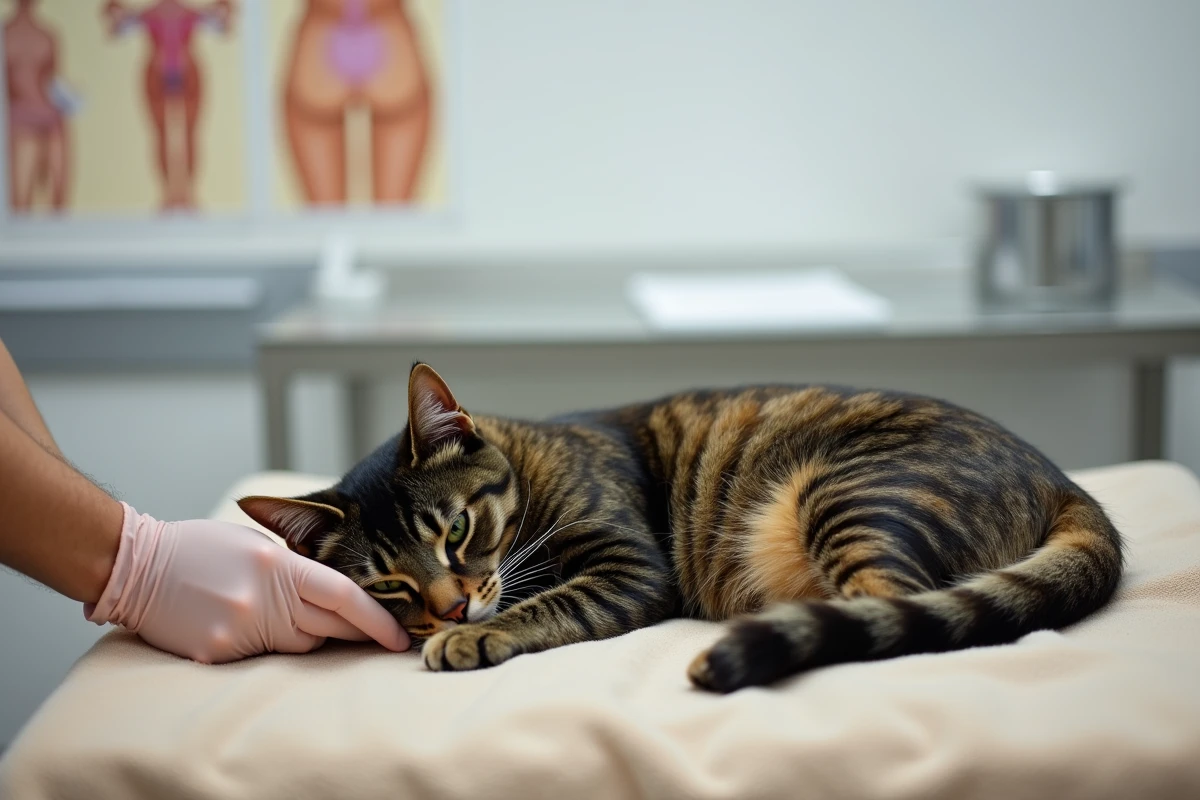 Chat femelle en consultation de suivi vétérinaire pour contrôle de contraception et santé reproductive