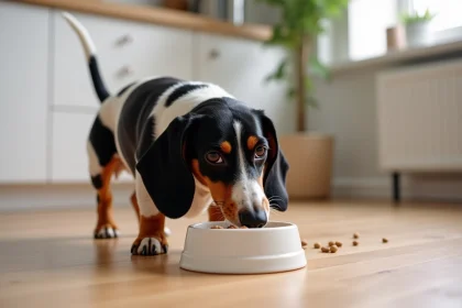 Teckel poils ras arlequin reniflant un bol de croquettes sur un parquet en bois clair dans une cuisine moderne