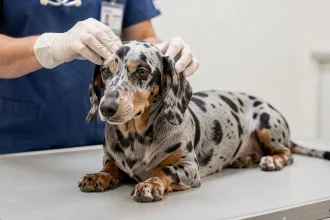 Teckel arlequin merle allongé sur une table vétérinaire lors d'un examen de santé, montrant son pelage moucheté caractéristique