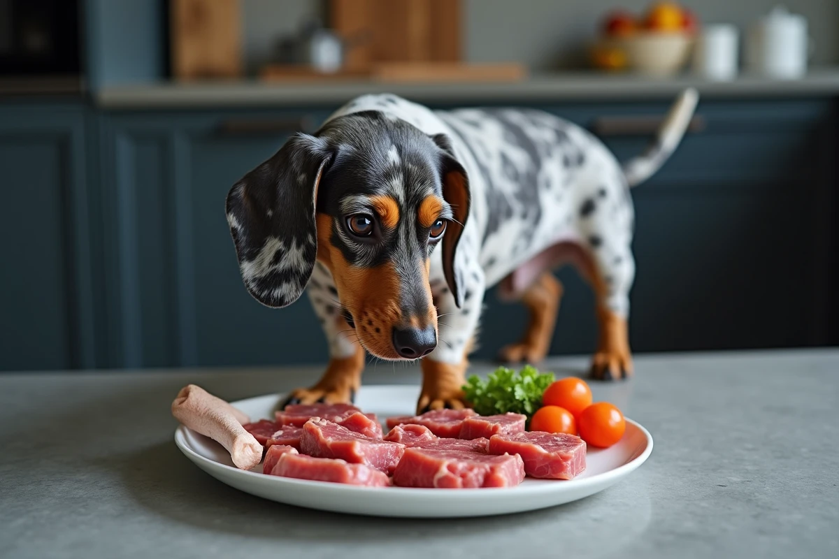 Teckel arlequin poils ras observant un repas BARF cru composé de viande et légumes sur un plan de travail en ardoise