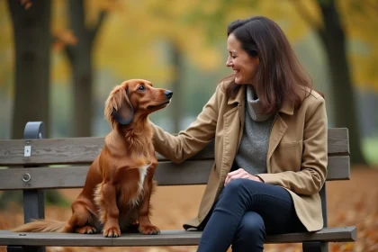 Femme et teckel à poil long assis sur un banc en bois dans un parc en automne