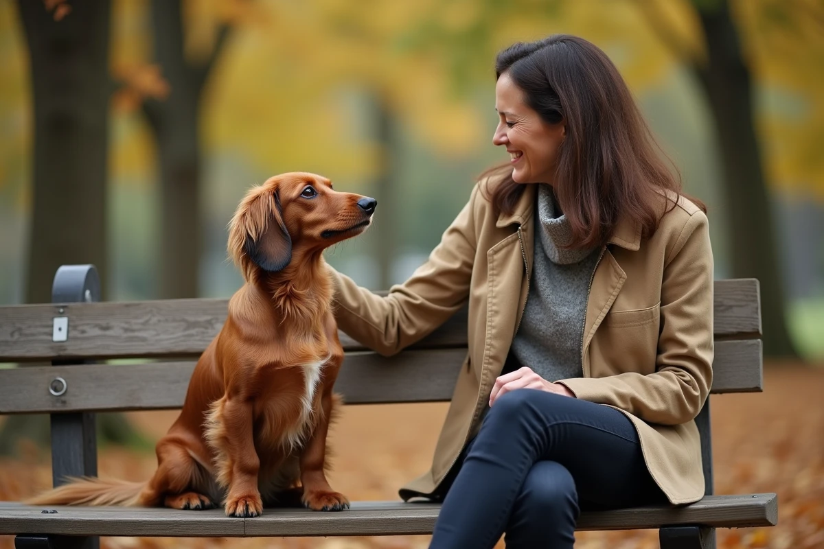 Femme et teckel à poil long assis sur un banc en bois dans un parc en automne