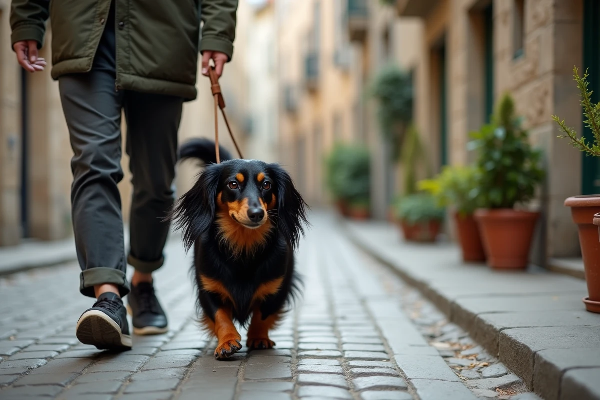 Teckel à poil long en promenade sur des pavés dans une rue de village avec son maître