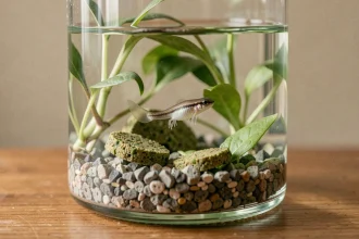 Têtard nageant dans un aquarium domestique avec des plantes aquatiques et de la nourriture naturelle comme des épinards blanchis