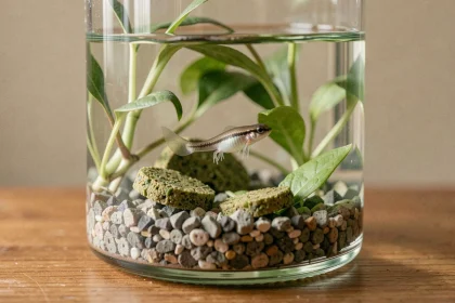 Têtard nageant dans un aquarium domestique avec des plantes aquatiques et de la nourriture naturelle comme des épinards blanchis